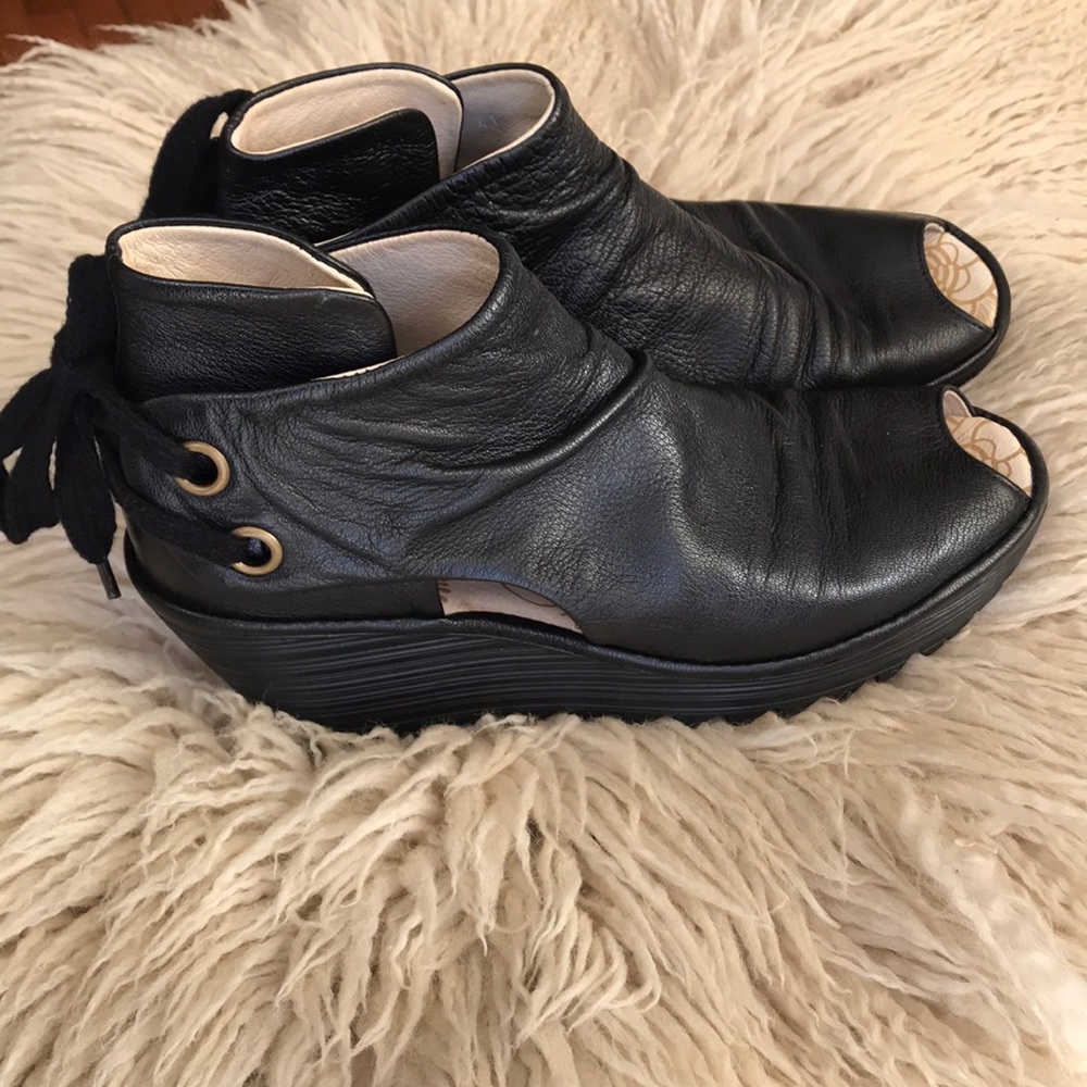 Fly London peep toe lace up ankle booties